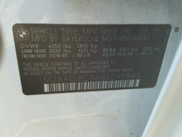 5UXFG8C56BLZ95993 - 2011 BMW X6 XDRIVE5 თეთრი ფოტო 10