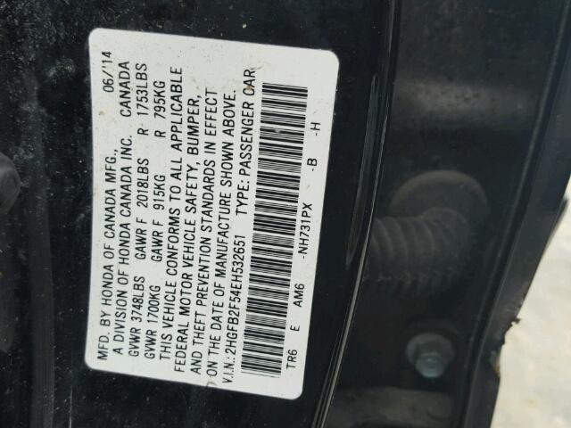 2HGFB2F54EH532651 - 2014 HONDA CIVIC LX BLACK photo 10