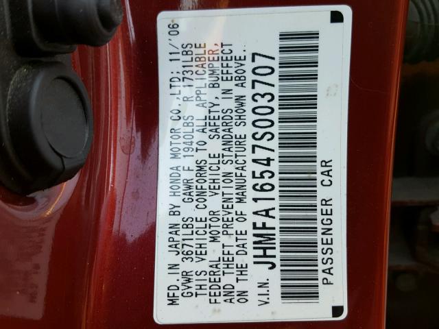 JHMFA16547S003707 - 2007 HONDA CIVIC LX RED photo 10