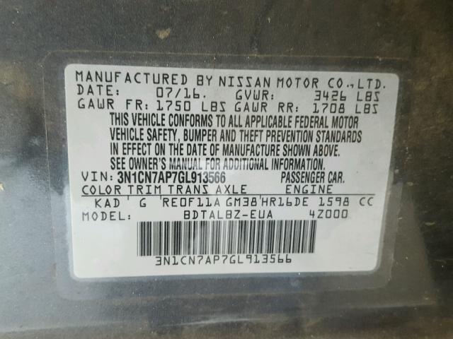 3N1CN7AP7GL913566 - 2016 NISSAN VERSA S GRAY photo 10