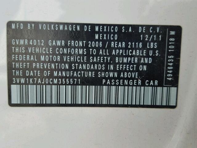 3VW1K7AJ0CM355571 - 2012 VOLKSWAGEN JETTA BASE 白色 照片 10