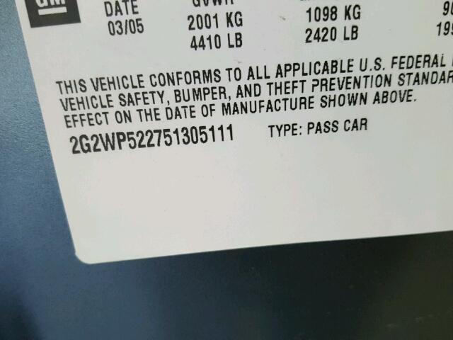 2G2WP522751305111 - 2005 PONTIAC GRAND PRIX GRAY photo 10