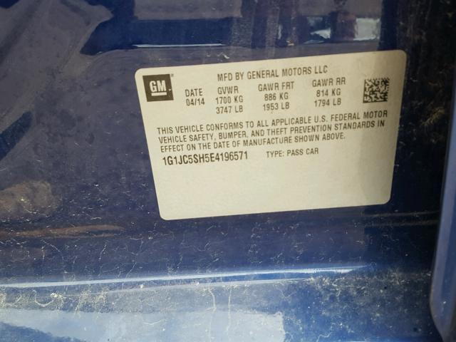 1G1JC5SH5E4196571 - 2014 CHEVROLET SONIC LT Көк фото 10