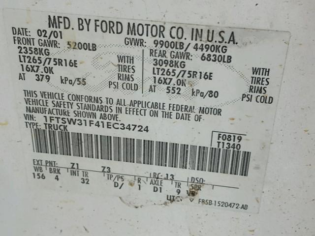 1FTSW31F41EC34724 - 2001 FORD F350 SRW S WHITE photo 10