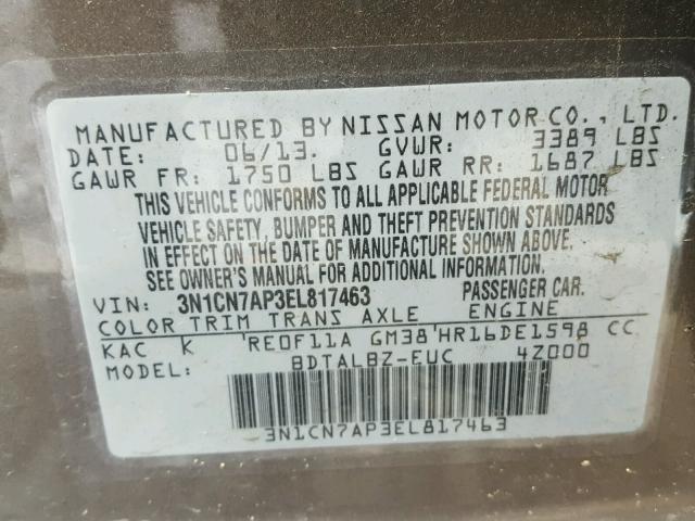 3N1CN7AP3EL817463 - 2014 NISSAN VERSA GRAY photo 10