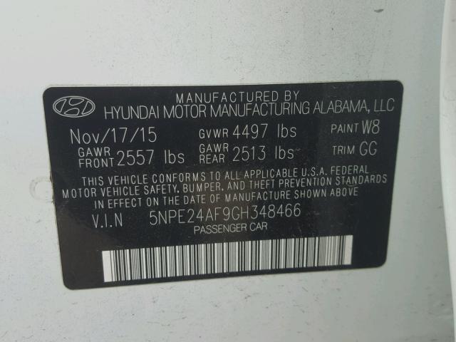 5NPE24AF9GH348466 - 2016 HYUNDAI SONATA WHITE photo 10