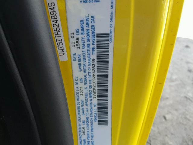 3VWCK21C92M428349 - 2002 VOLKSWAGEN NEW BEETLE Sarı foto 10