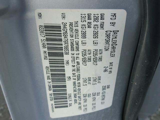 2A4GM68476R788538 - 2006 CHRYSLER PACIFICA T SILVER photo 10
