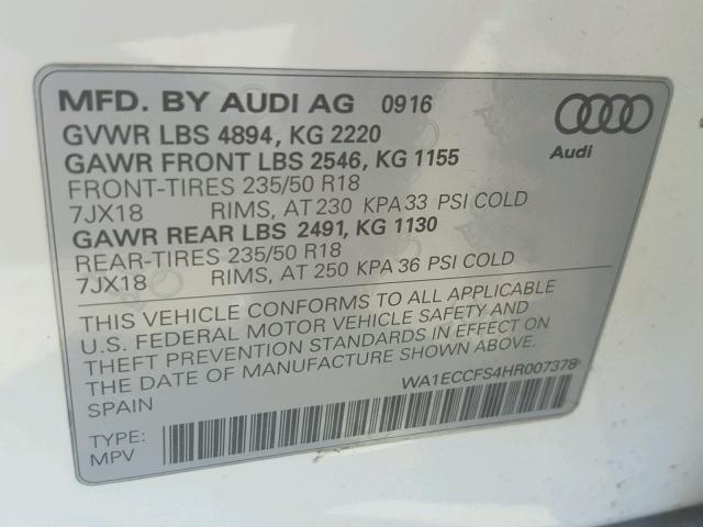 WA1ECCFS4HR007378 - 2017 AUDI Q3 PREMIUM WHITE photo 10