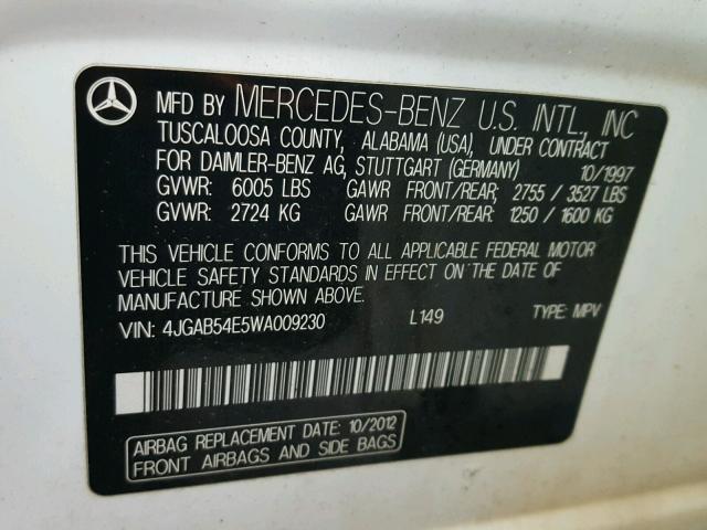 4JGAB54E5WA009230 - 1998 MERCEDES-BENZ ML 320 WHITE photo 10