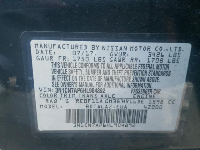 3N1CN7AP6HL904892 - 2017 NISSAN VERSA S GREEN photo 10