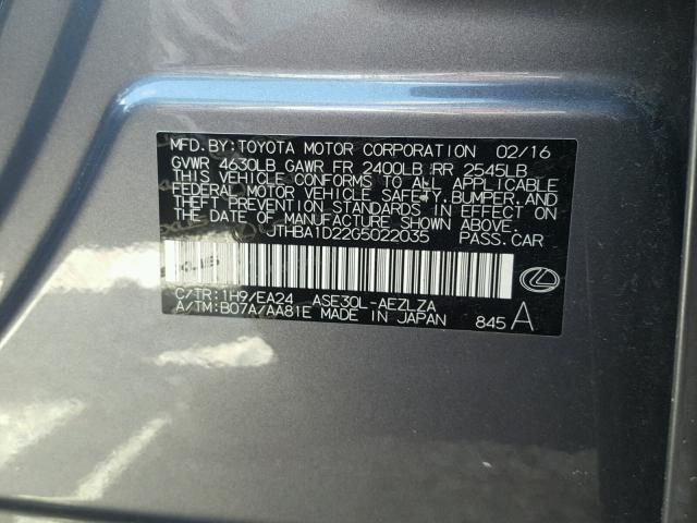 JTHBA1D22G5022035 - 2016 LEXUS IS 200T GRAY photo 10