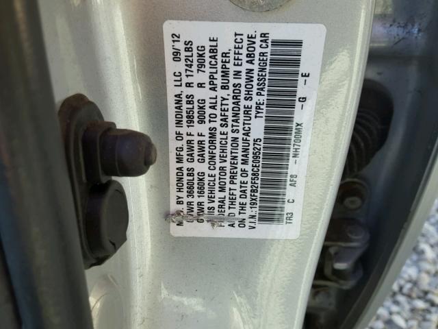 19XFB2F58CE095275 - 2012 HONDA CIVIC LX SILVER photo 10