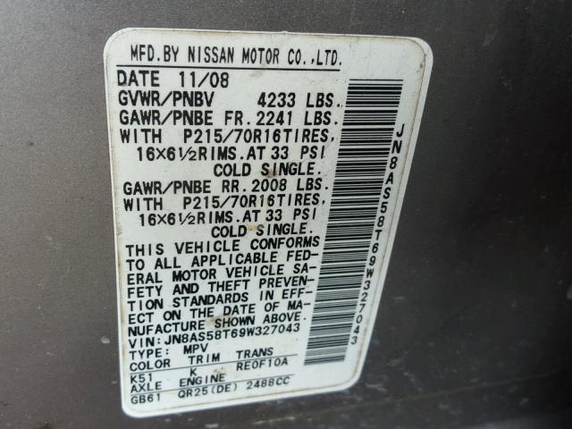 JN8AS58T69W327043 - 2009 NISSAN ROGUE S GRAY photo 10