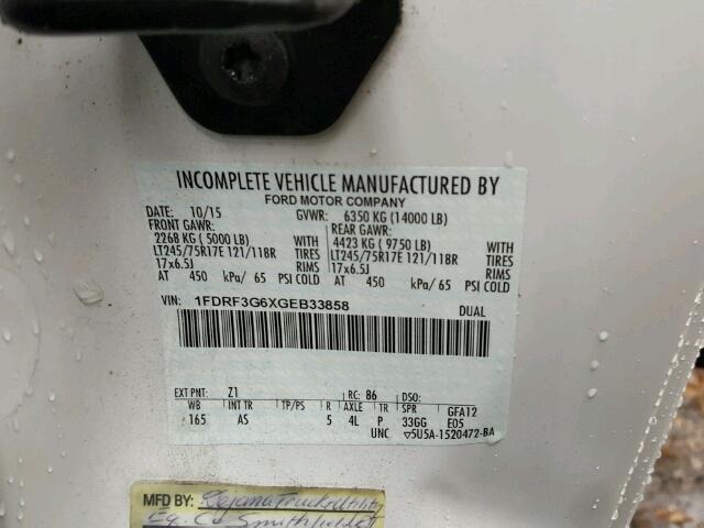 1FDRF3G6XGEB33858 - 2016 FORD F350 SUPER WHITE photo 10