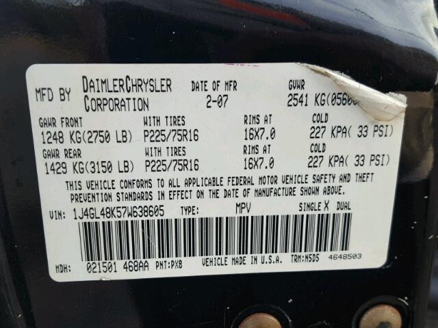 1J4GL48K57W638605 - 2007 JEEP LIBERTY BLACK photo 10