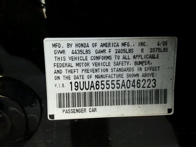 19UUA65555A046223 - 2005 ACURA TL BLACK photo 10