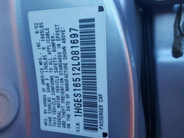 1HGES16512L081697 - 2002 HONDA CIVIC LX SILVER photo 10