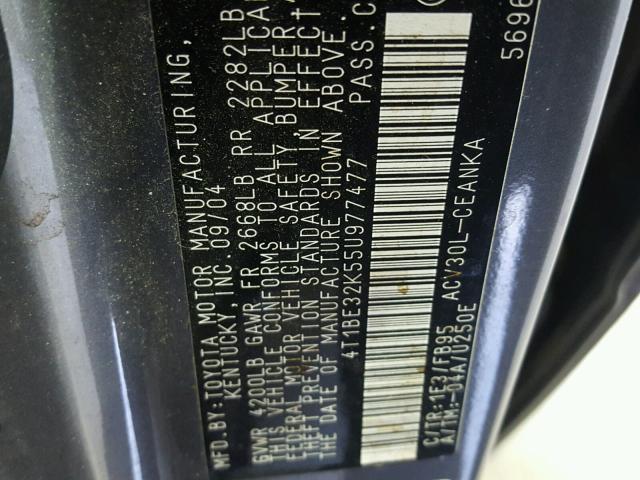 4T1BE32K55U977477 - 2005 TOYOTA CAMRY LE 灰色 照片 10