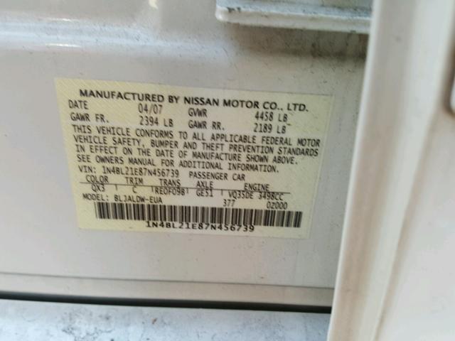 1N4BL21E87N456739 - 2007 NISSAN ALTIMA 3.5 WHITE photo 10