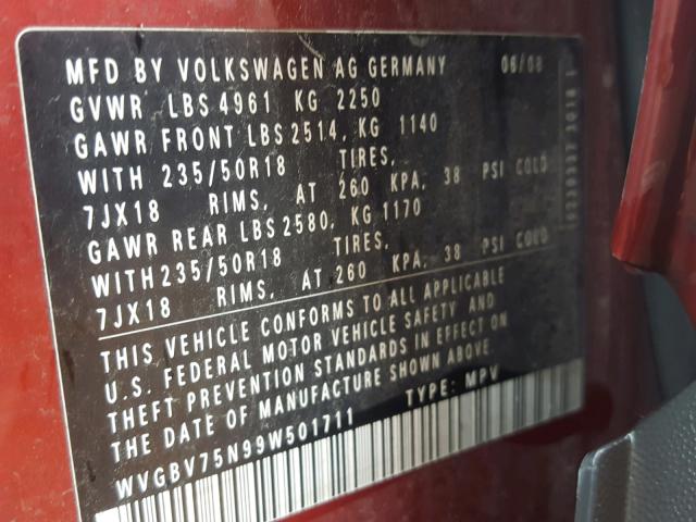 WVGBV75N99W501711 - 2009 VOLKSWAGEN TIGUAN SE RED photo 10