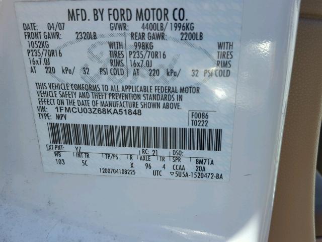 1FMCU03Z68KA51848 - 2008 FORD ESCAPE XLT WHITE photo 10