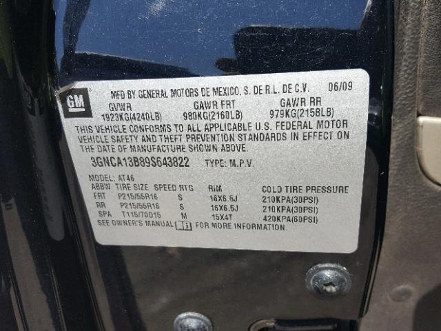 3GNCA13B89S643822 - 2009 CHEVROLET HHR LS შავი ფოტო 10