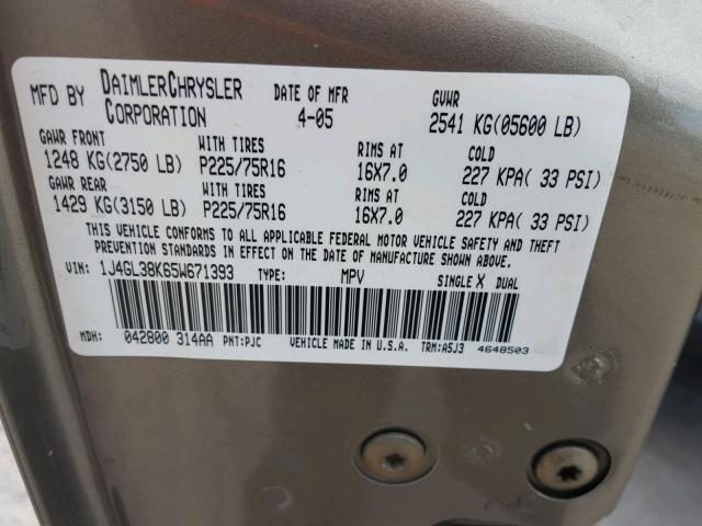 1J4GL38K65W671393 - 2005 JEEP LIBERTY RE GOLD photo 10