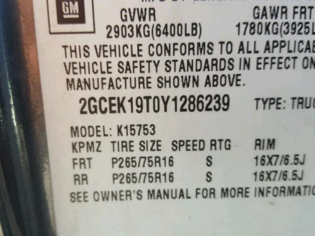 2GCEK19T0Y1286239 - 2000 CHEVROLET SILVERADO GRAY photo 10