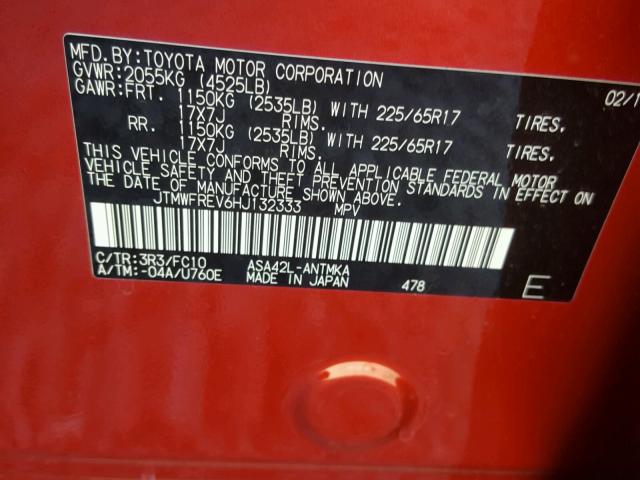 JTMWFREV6HJ132333 - 2017 TOYOTA RAV4 XLE RED photo 10