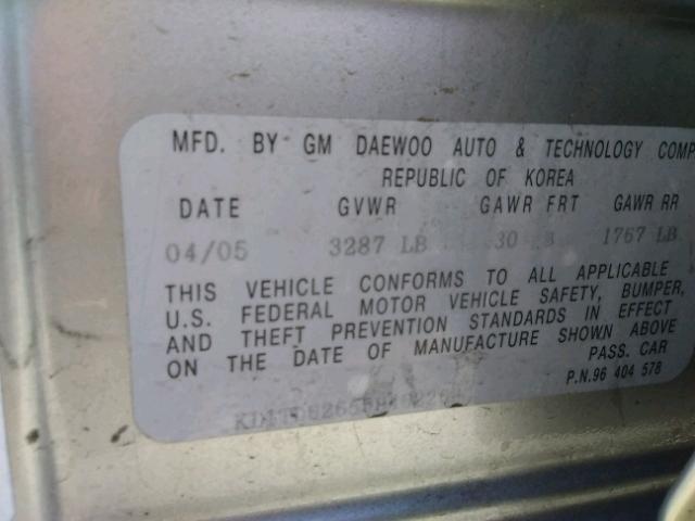 KL1TD62655B462269 - 2005 CHEVROLET AVEO BASE Күміс фото 10