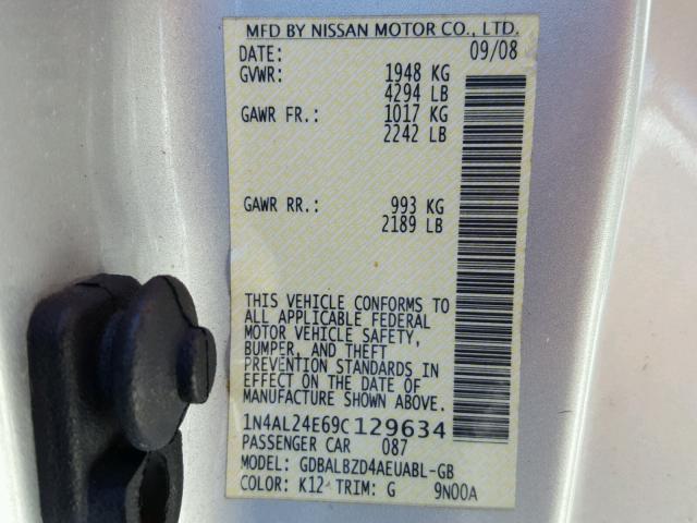 1N4AL24E69C129634 - 2009 NISSAN ALTIMA SILVER photo 10