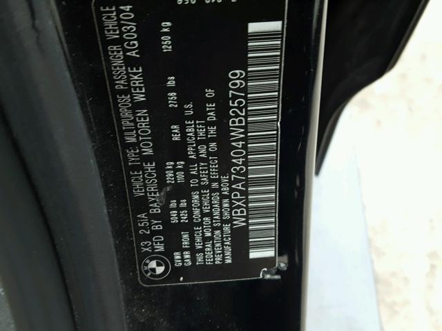 WBXPA73404WB25799 - 2004 BMW X3 2.5I BLACK photo 10