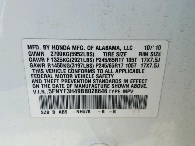 5FNYF3H49BB028846 - 2011 HONDA PILOT WHITE photo 10