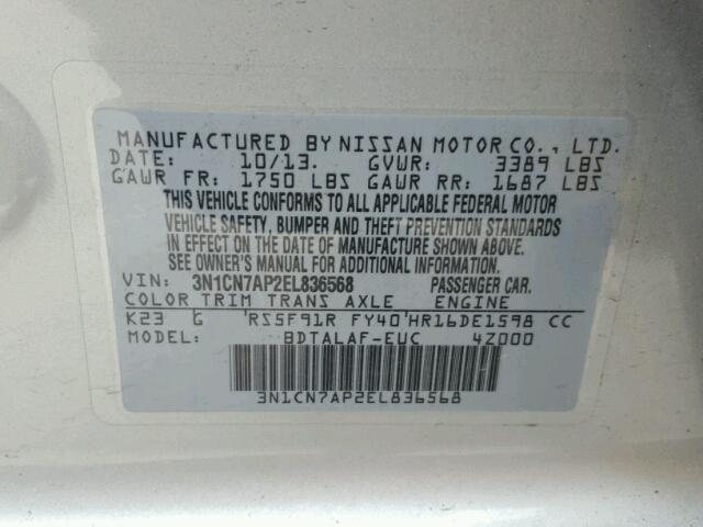 3N1CN7AP2EL836568 - 2014 NISSAN VERSA S/S SILVER photo 10