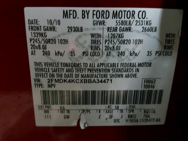 2FMDK4KCXBBA34471 - 2011 FORD EDGE LIMIT RED photo 10