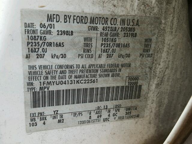 1FMYU04131KC22561 - 2001 FORD ESCAPE XLT WHITE photo 10