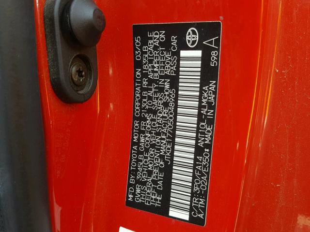 JTKDE177050048965 - 2005 TOYOTA SCION TC 红色 照片 10