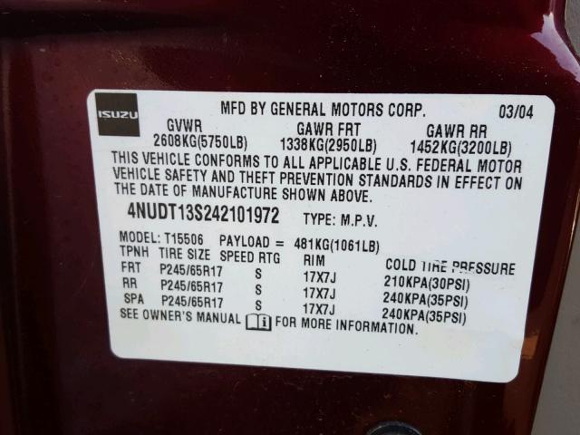 4NUDT13S242101972 - 2004 ISUZU ASCENDER S MAROON photo 10