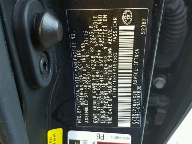 4T4BF1FK5FR491562 - 2015 TOYOTA CAMRY LE 黑色 照片 10