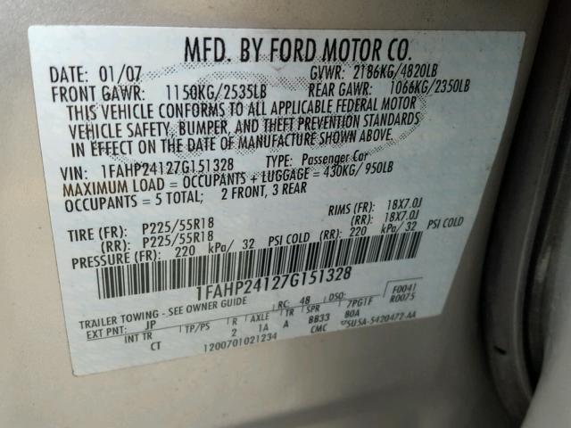 1FAHP24127G151328 - 2007 FORD FIVE HUNDR SILVER photo 10