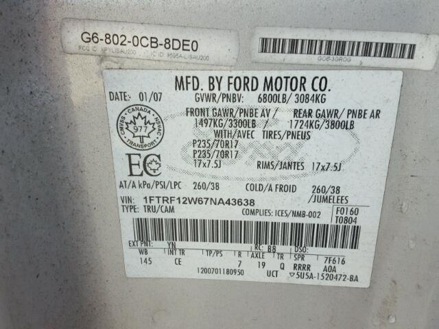 1FTRF12W67NA43638 - 2007 FORD F150 SILVER photo 10