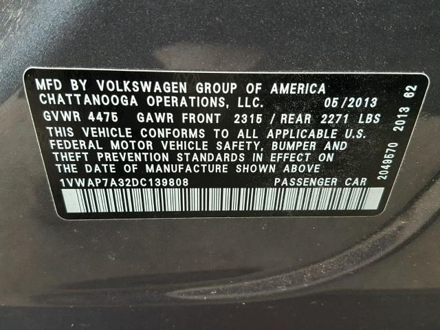 1VWAP7A32DC139808 - 2013 VOLKSWAGEN PASSAT S SILVER photo 10