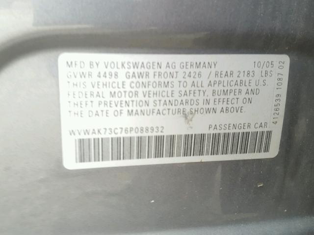 WVWAK73C76P088932 - 2006 VOLKSWAGEN PASSAT 2.0 GRAY photo 10