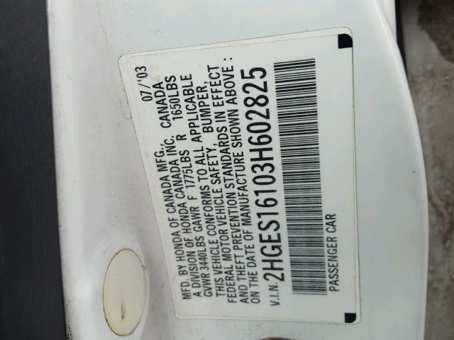 2HGES16103H602825 - 2003 HONDA CIVIC DX WHITE photo 10