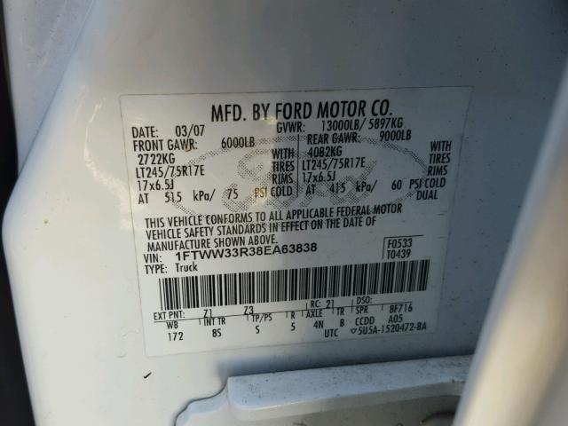 1FTWW33R38EA63838 - 2008 FORD F350 SUPER WHITE photo 10