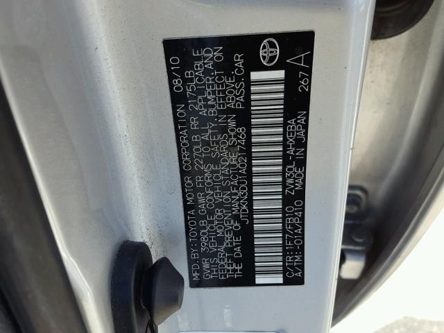 JTDKN3DU1A0217468 - 2010 TOYOTA PRIUS SILVER photo 10