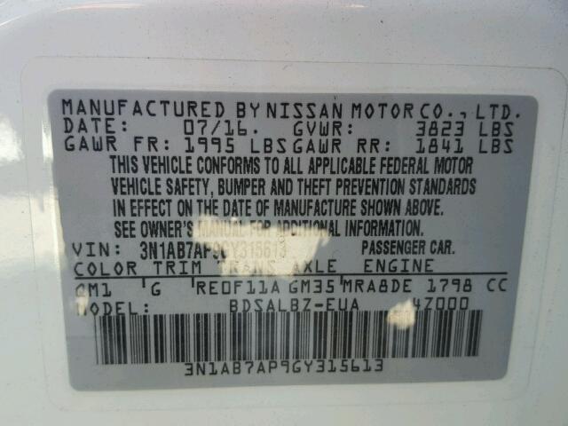 3N1AB7AP9GY315613 - 2016 NISSAN SENTRA S WHITE photo 10