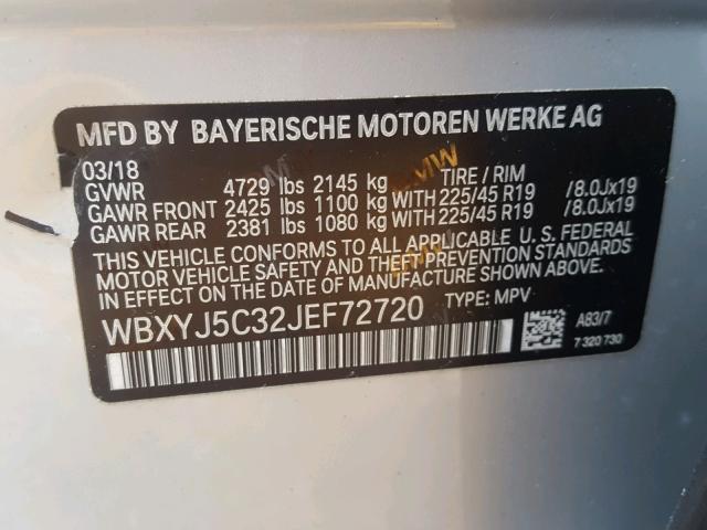 WBXYJ5C32JEF72720 - 2018 BMW X2 XDRIVE2 银色 照片 10