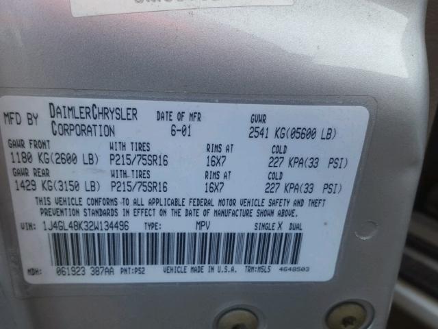 1J4GL48K32W134496 - 2002 JEEP LIBERTY SP SILVER photo 10